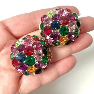 Vintage 80's Blanca Signed Earrings Multi Jewel Rhinestone Crystals Gold Clip-On